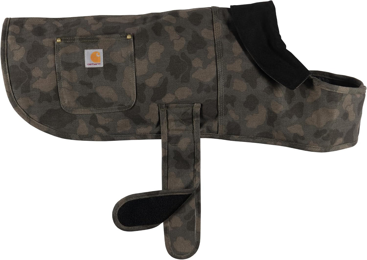 Carhartt dog coat brass rivet and label detail