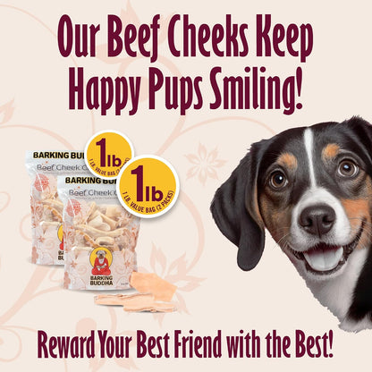 Back label of Barking Buddha dog treats showing single ingredient list and details