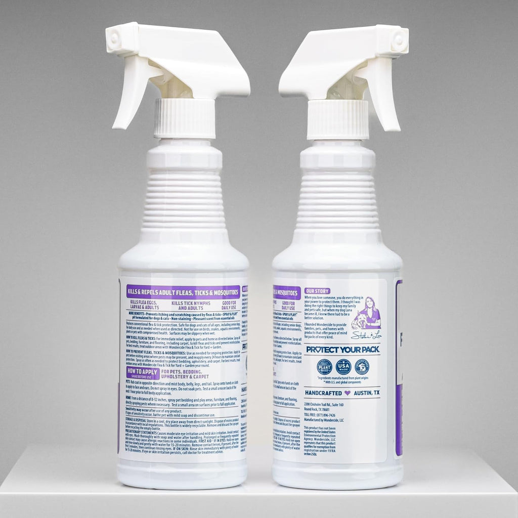 Wondercide plant powered rosemary pest control spray being applied to a dog coat.
