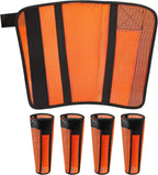 Close up of reinforced stitching on bright orange equine fly leg guards