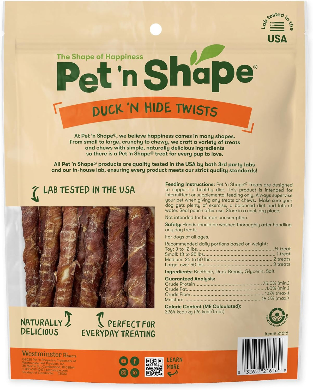 Pet 'n Shape duck wrapped rawhide natural dog treats close up packaging.