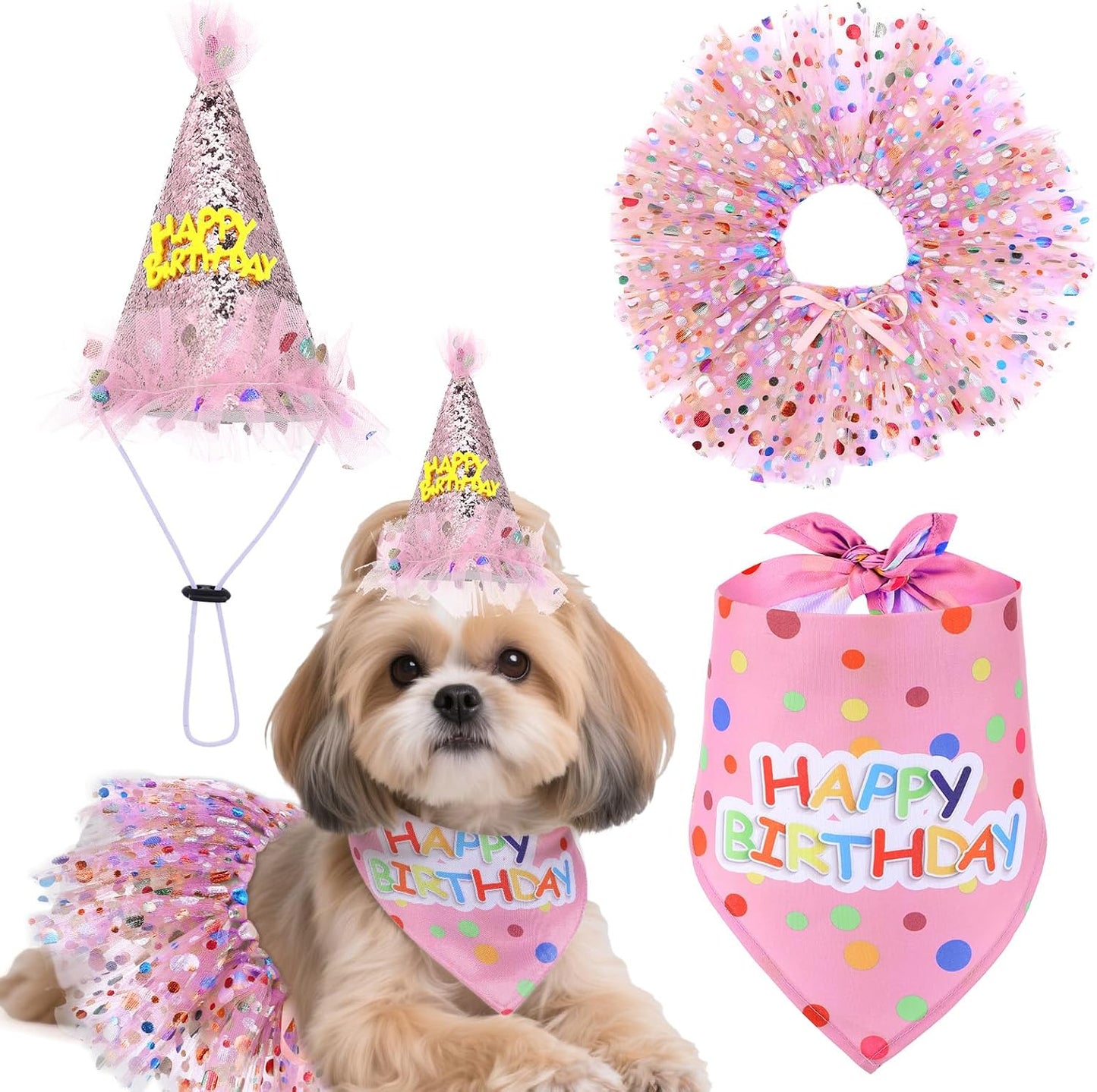 Hpmjz dog birthday bandana and hat pink set front view on a golden retriever