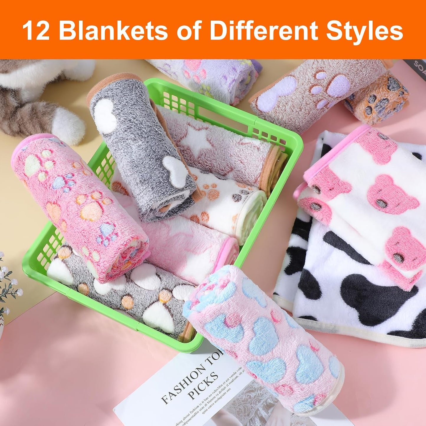 Moheaaei multi color twelve piece pet blanket pack stacked together