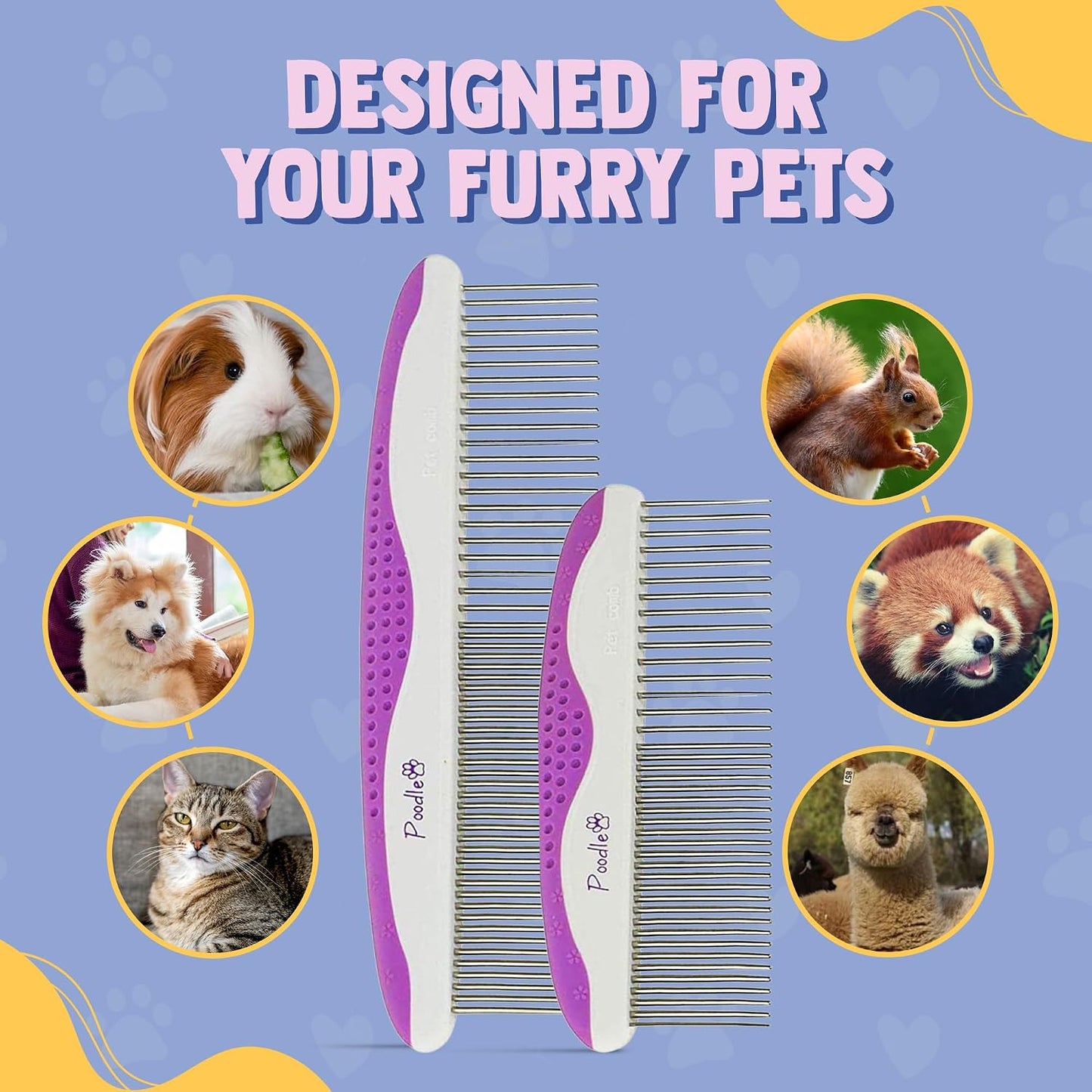 Back angle view of the purple rubber grip handle on the POODLIE professional pet comb
