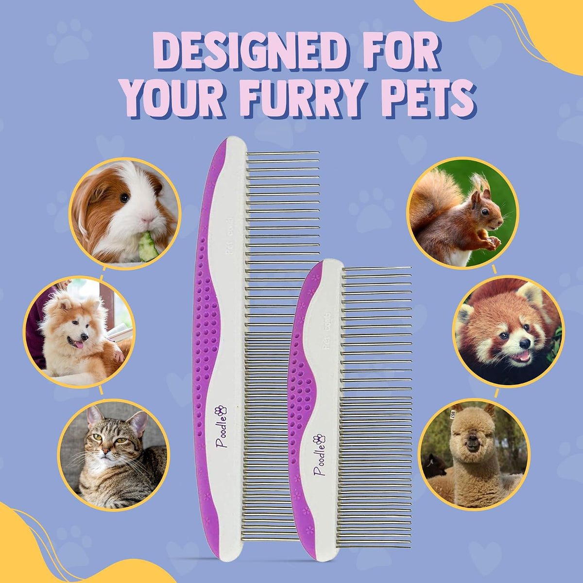 Back angle view of the purple rubber grip handle on the POODLIE professional pet comb