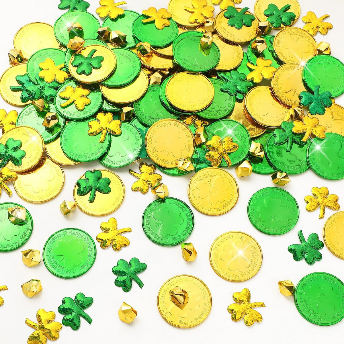 MARFOREVER St Patricks Day Decorations front view featuring gold coins and sponge shamrocks for party tables.