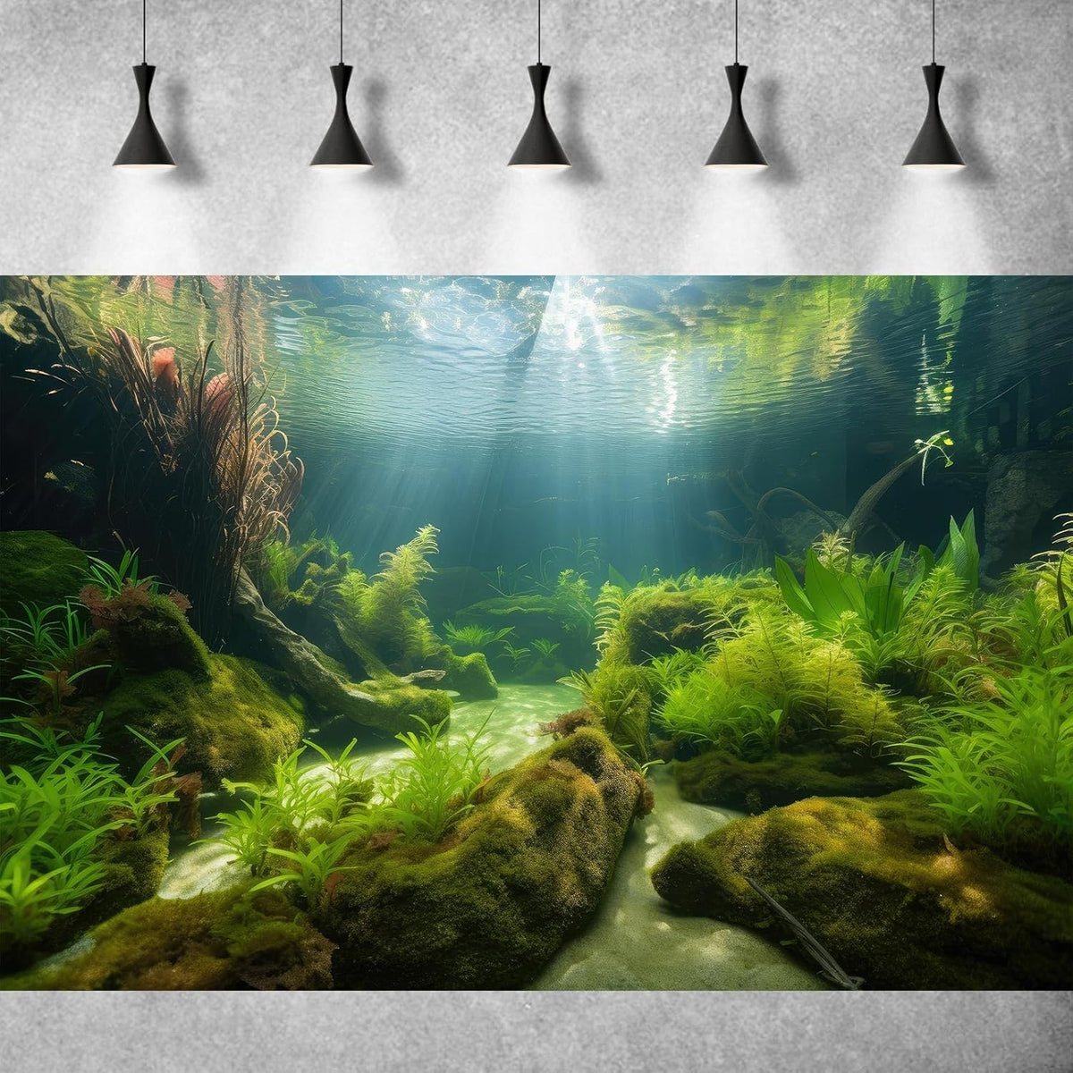 OHIOCATII 24x12 inches terrarium background poster with moss-covered rocks design.