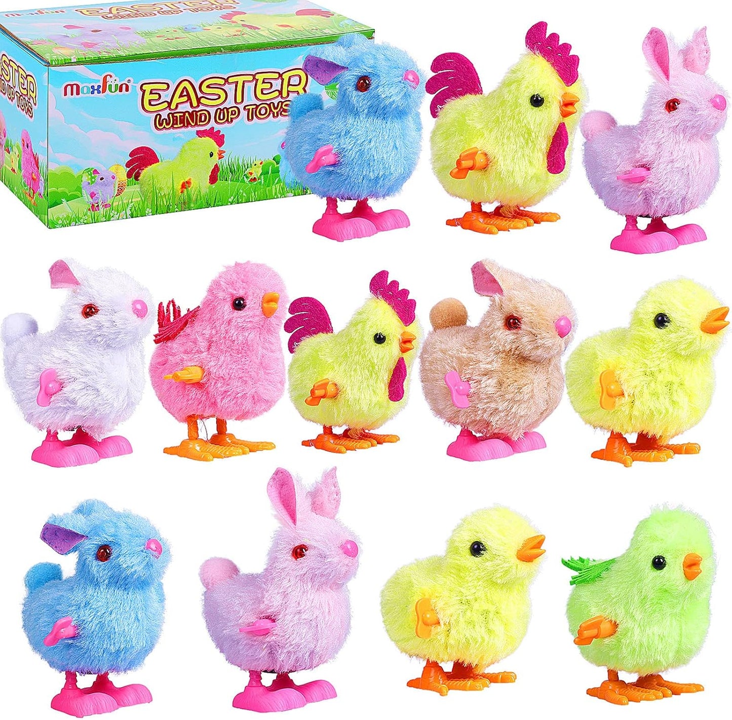 Max Fun Easter wind up toys front view assortment showing colorful plush jumping chicks and rabbits
