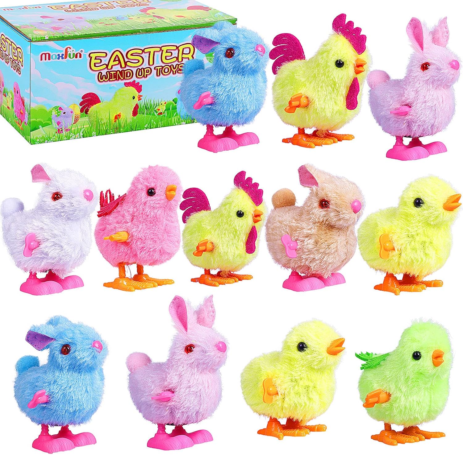 Max Fun Easter wind up toys front view assortment showing colorful plush jumping chicks and rabbits