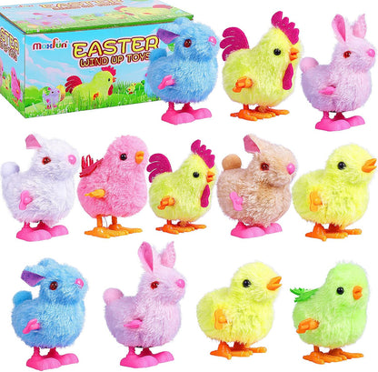 Max Fun Easter wind up toys front view assortment showing colorful plush jumping chicks and rabbits