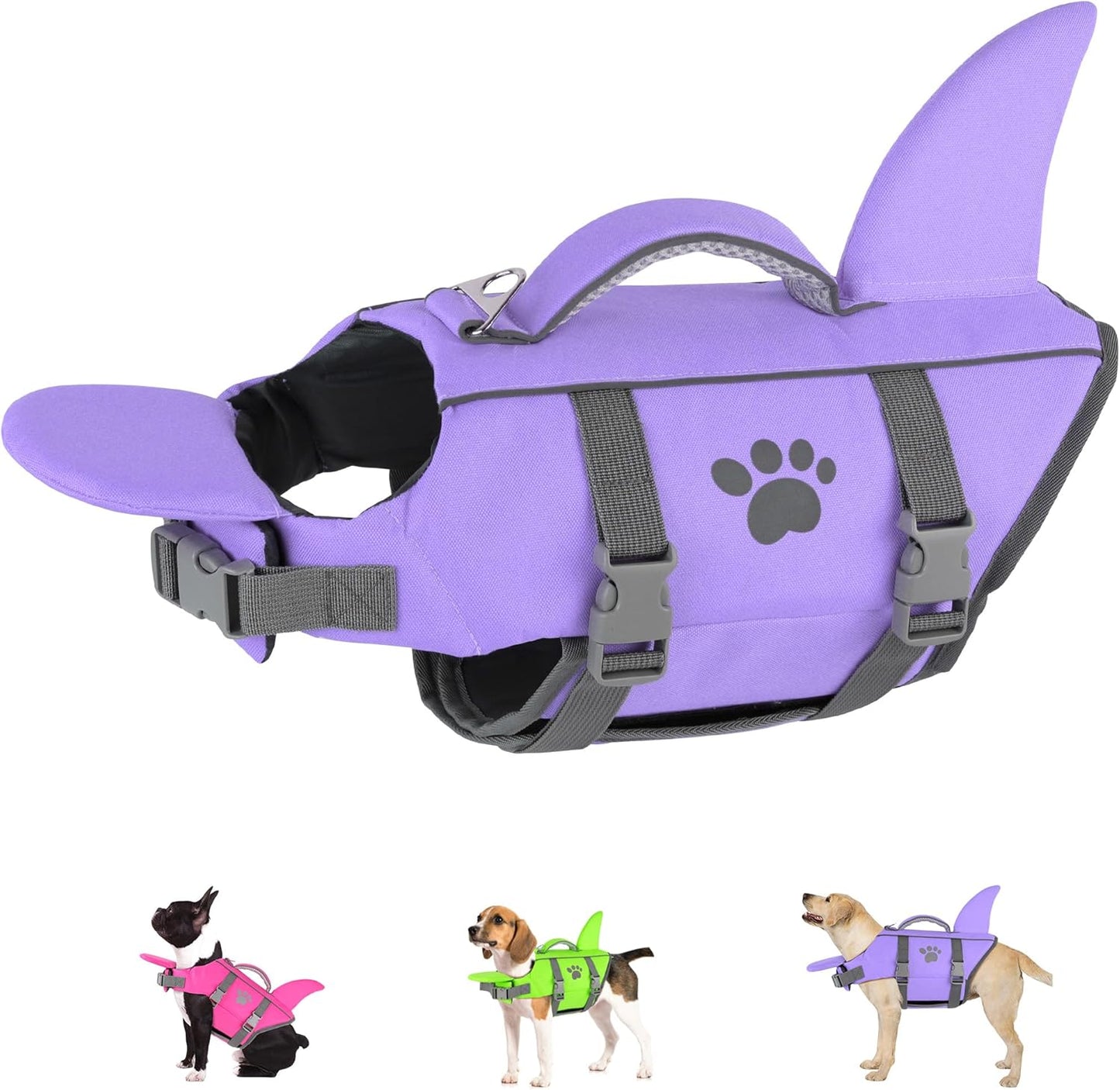 Dogcheer shark fin dog life jacket front view in taro purple