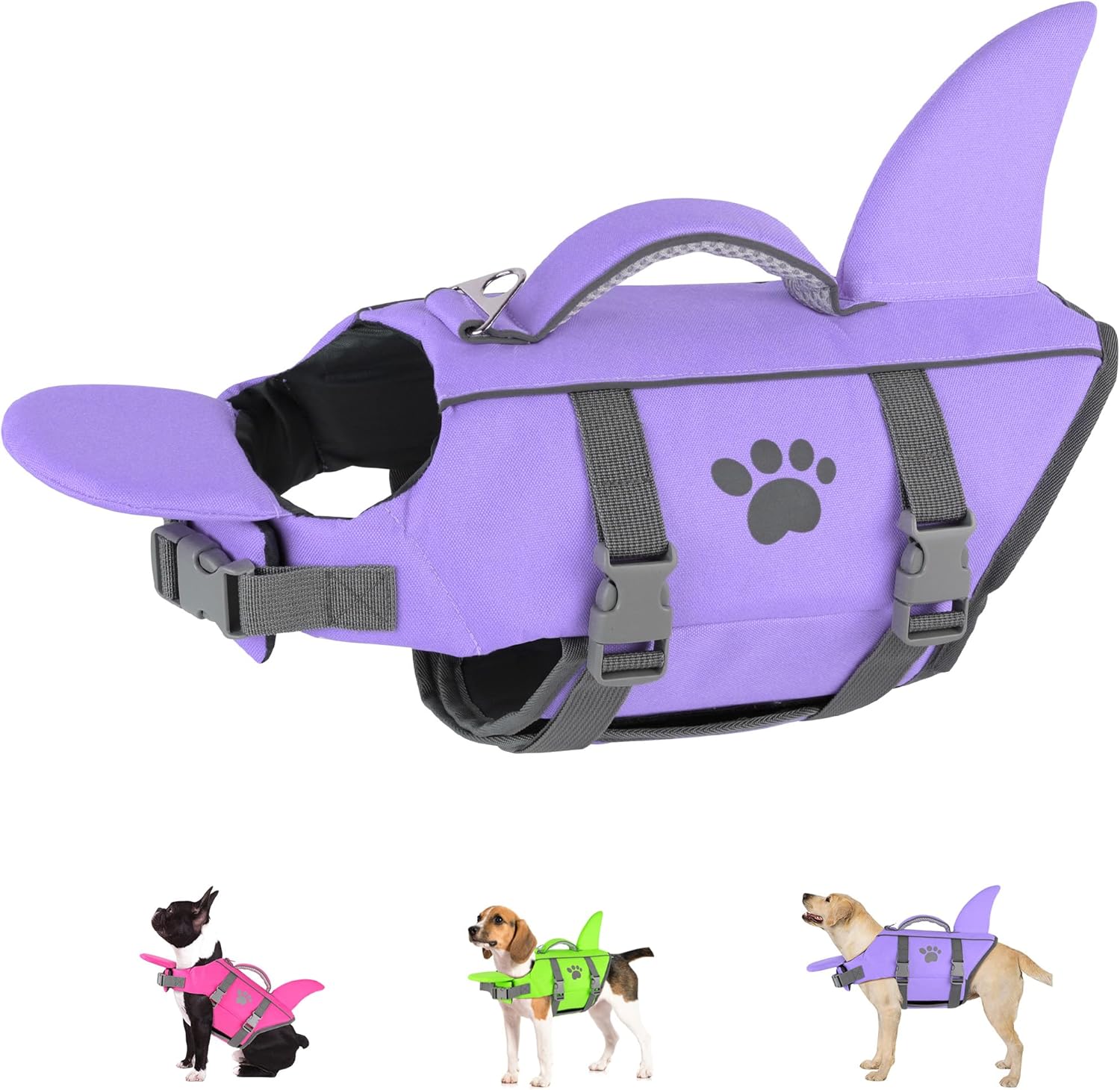 Dogcheer shark fin dog life jacket front view in taro purple