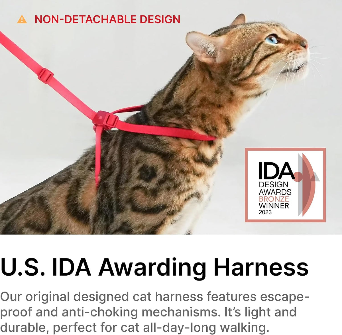 BuddyArmor anti choking adjustable kitten harness showing the award winning design details.