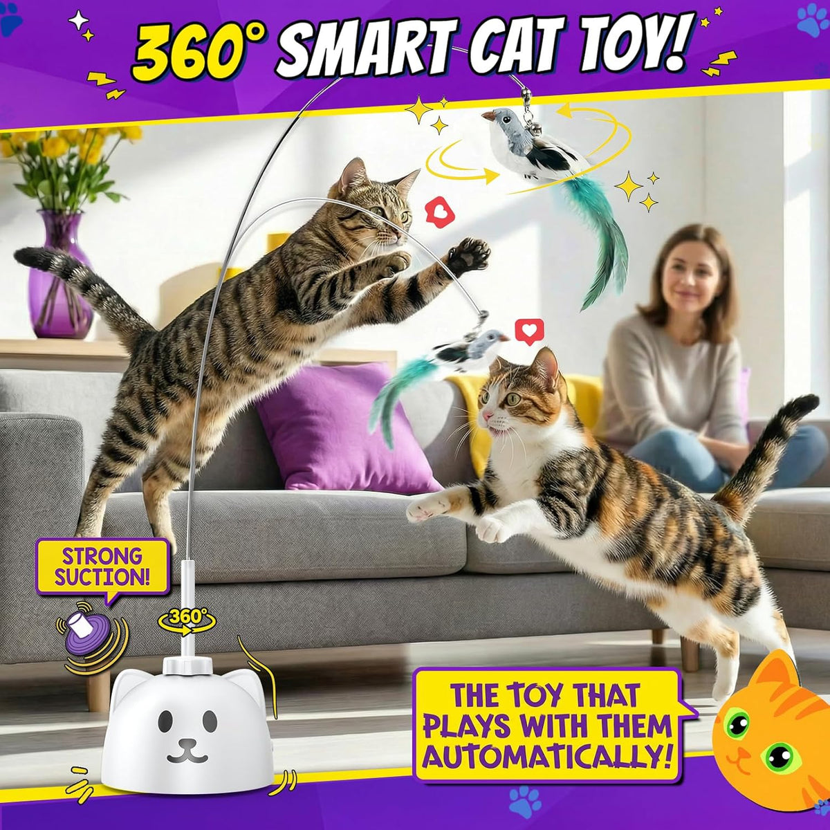USA imported automatic cat toy mounted on tile floor with heavy duty suction cup.