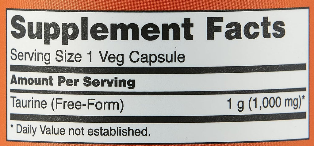 Imported NOW Foods Double Strength Taurine amino acid capsules showing non-GMO and vegetarian product seals.