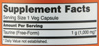 Imported NOW Foods Double Strength Taurine amino acid capsules showing non-GMO and vegetarian product seals.