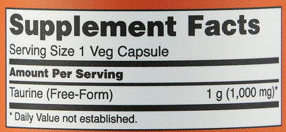 Imported NOW Foods Double Strength Taurine amino acid capsules showing non-GMO and vegetarian product seals.