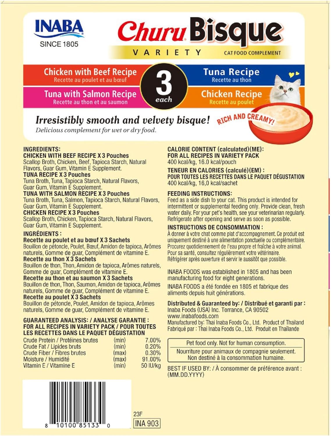 Four flavor cat treat variety box showing chicken and tuna recipes