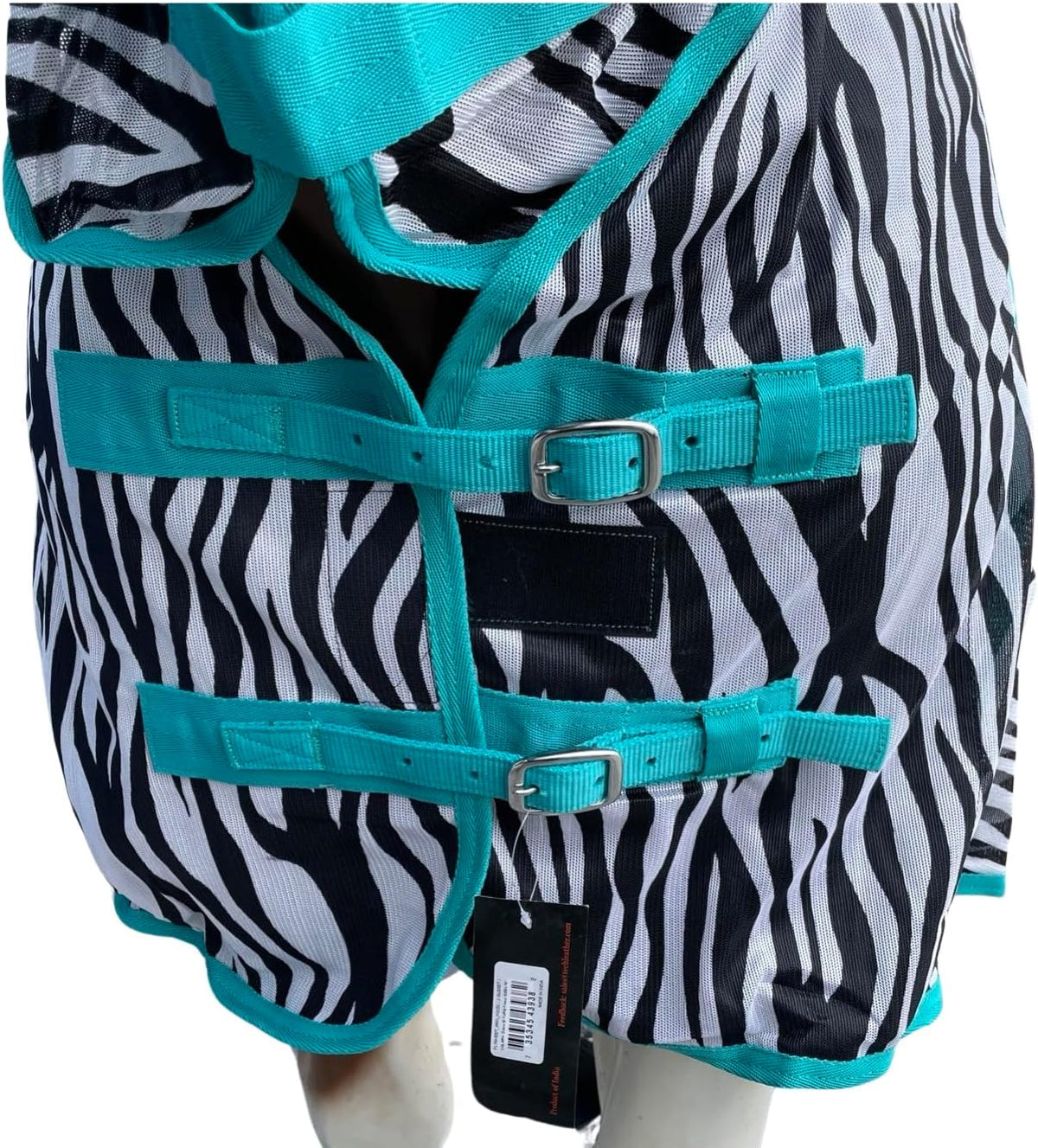 Tech Equestrian zebra print horse summer sheet side view detailing turquoise piping and cross-surcingles.