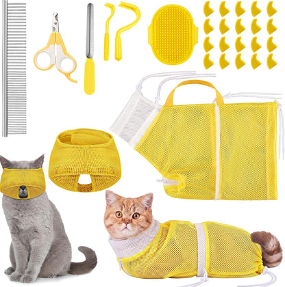 9 Pcs Cat Bathing Bag Set Cat Shower Bag Anti Bite and Scratch for Pet Grooming Washing Brush Comb Muzzle Nail Clipper Nail File Tick Tool(Blue, Gray) - Image 10