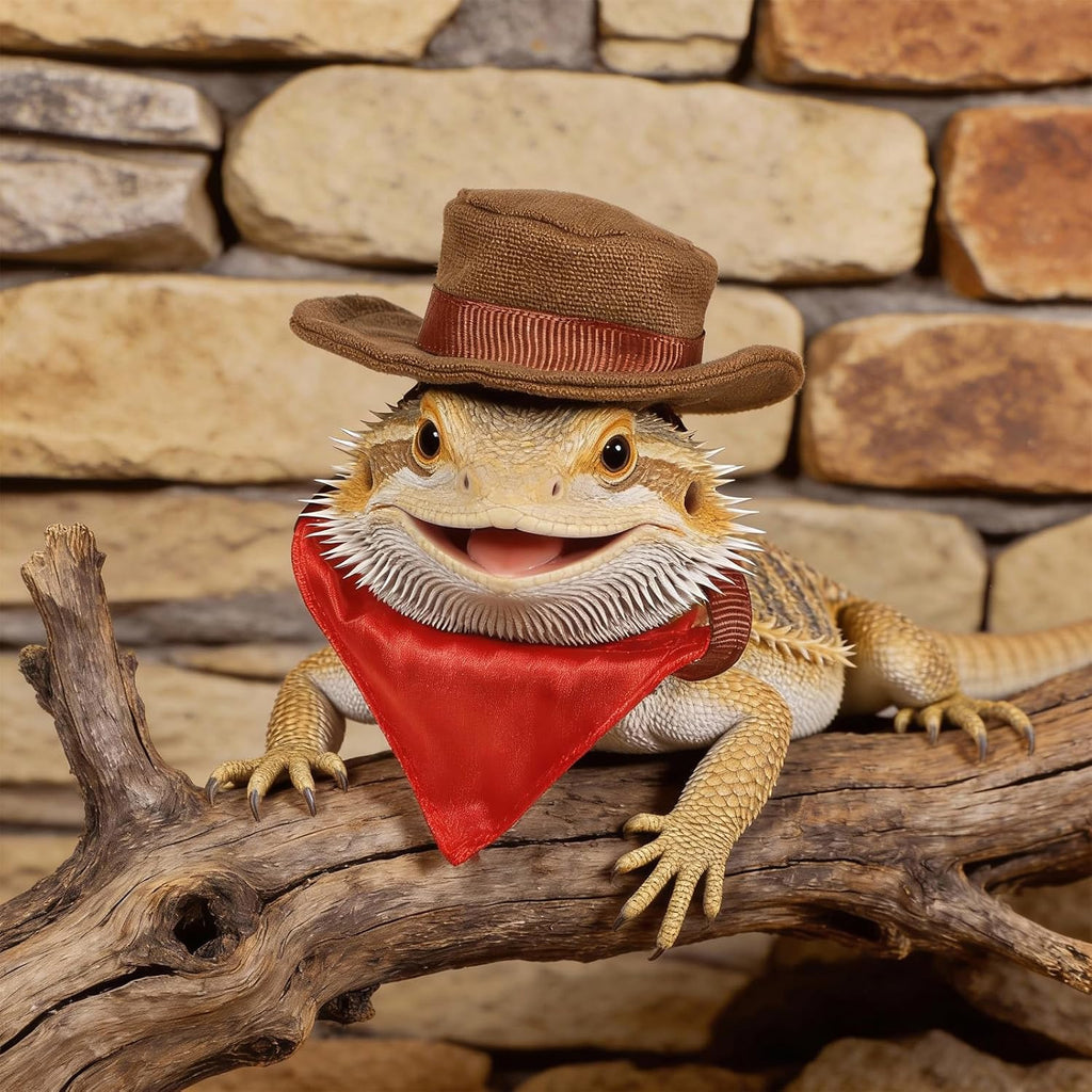 Adjustable miniature brown reptile hat and red cotton scarf laid flat