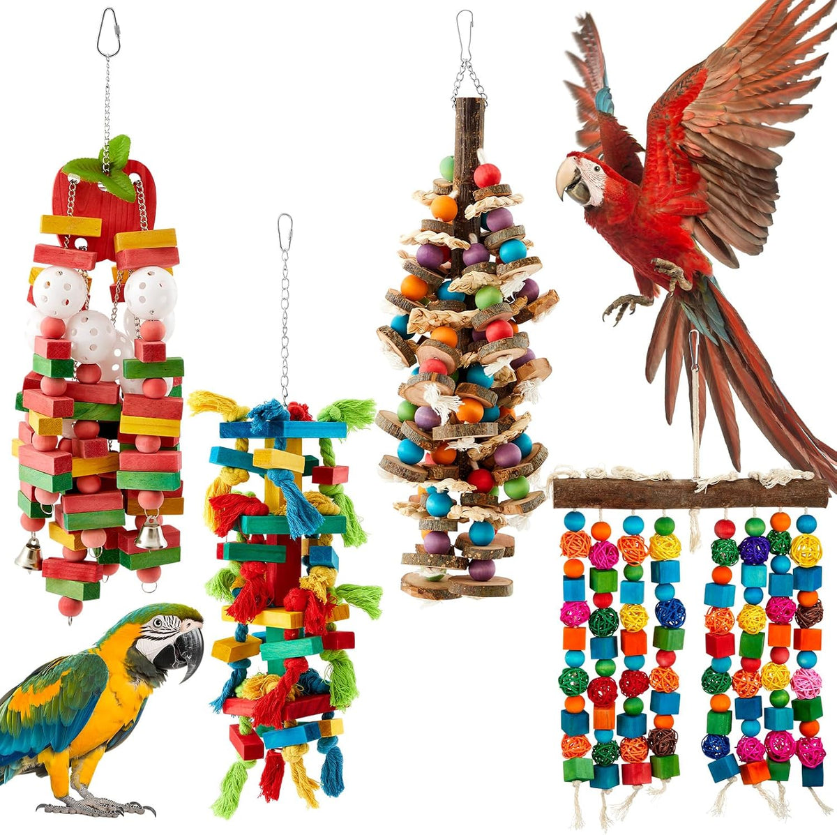 Seenelling four pieces extra large bird parrot toy front view showing wooden blocks and bells