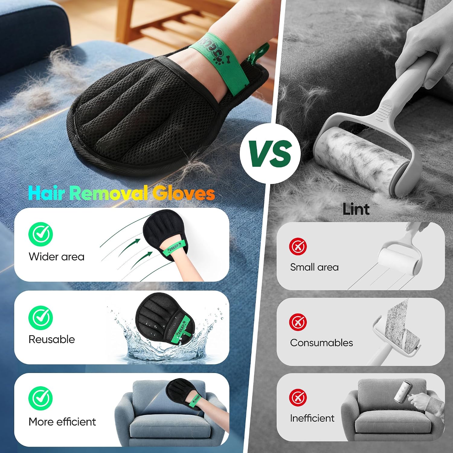 Black five finger hair removal glove used on sofa upholstery