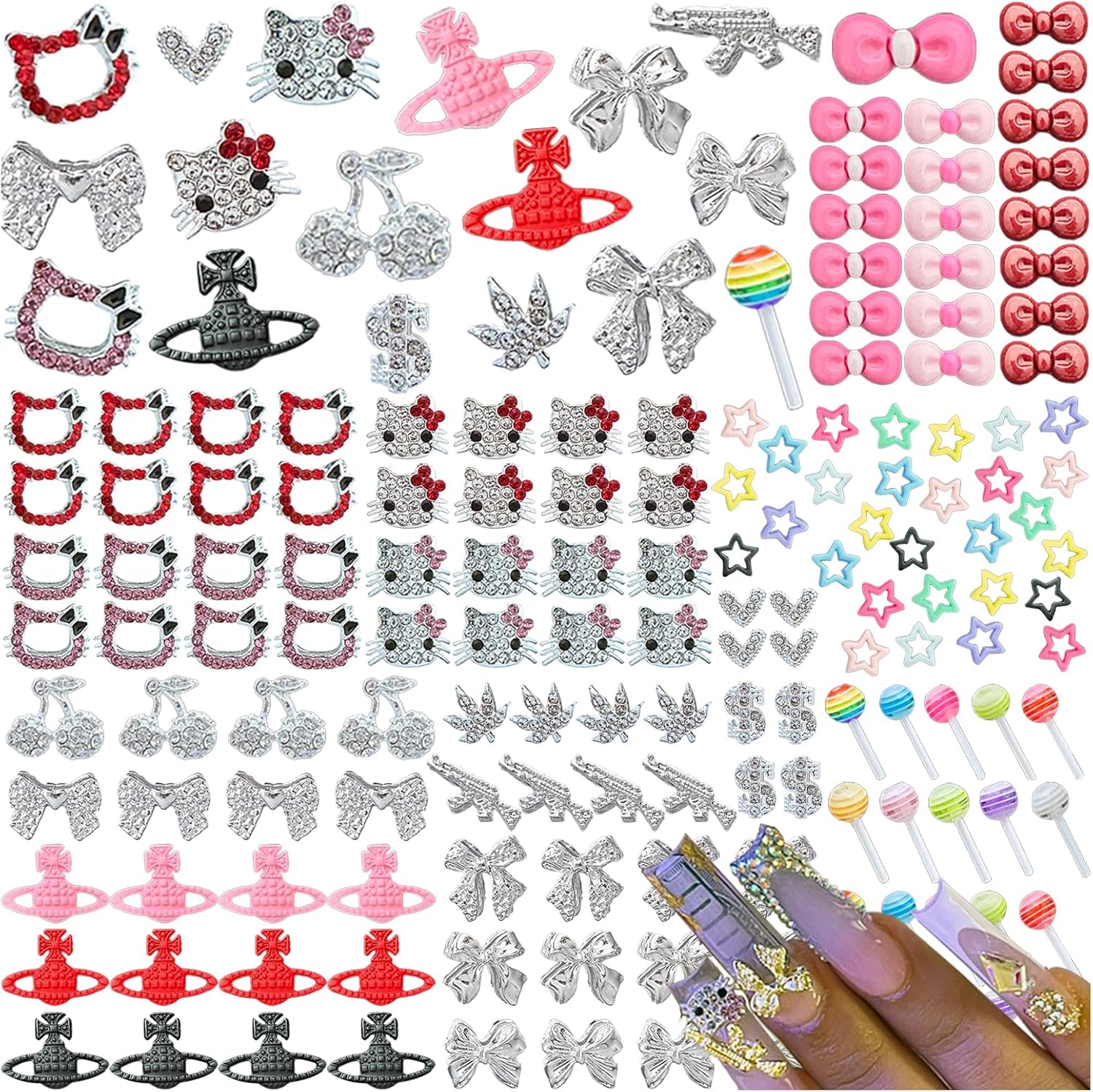 XIYONALI 170 Pieces Silver Nail Charms front view displaying the assorted Y2K manicure accessories collection