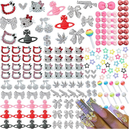 XIYONALI 170 Pieces Silver Nail Charms front view displaying the assorted Y2K manicure accessories collection