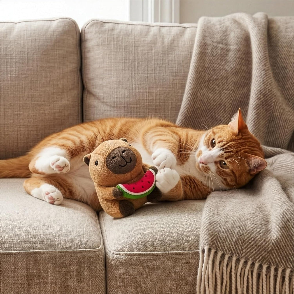 SPOT four inch capybara pet toy displaying the double-stitched durable seams