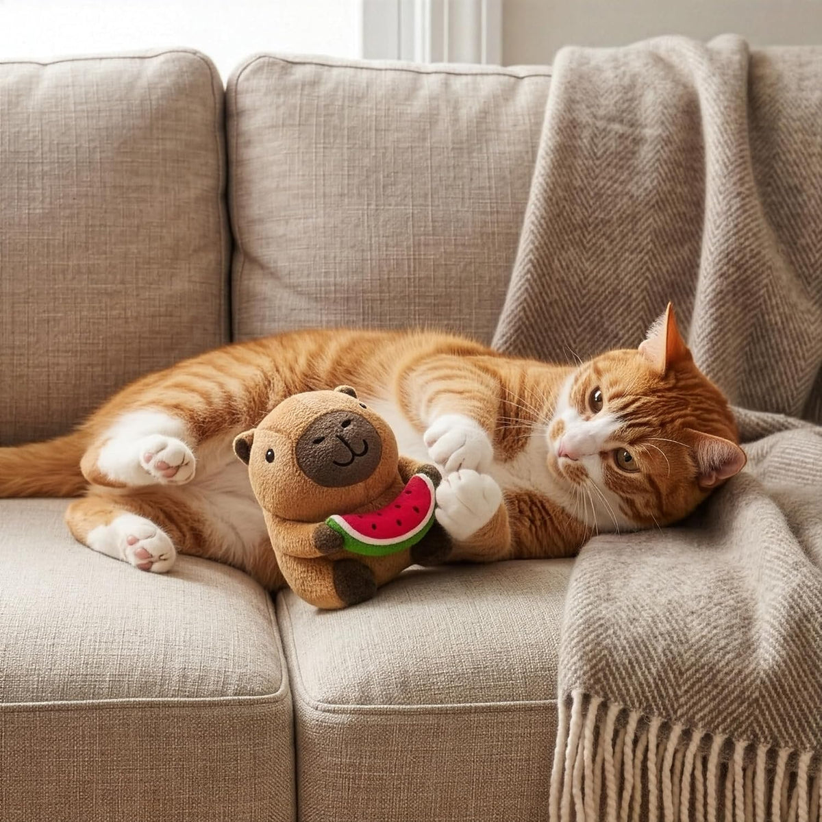 SPOT four inch capybara pet toy displaying the double-stitched durable seams
