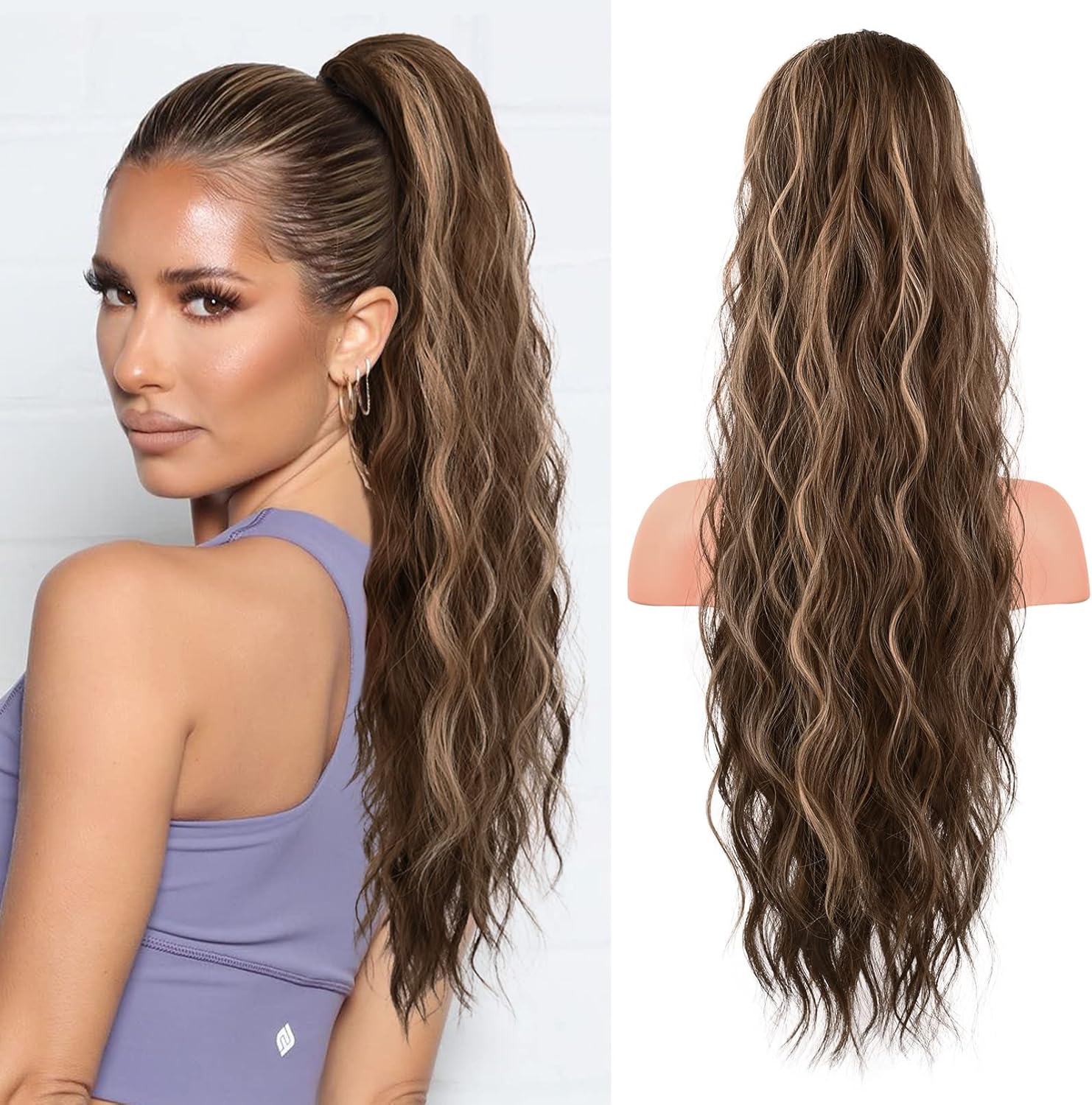 Flufymooz drawstring ponytail extension front view showing long curly wavy synthetic hairpiece.
