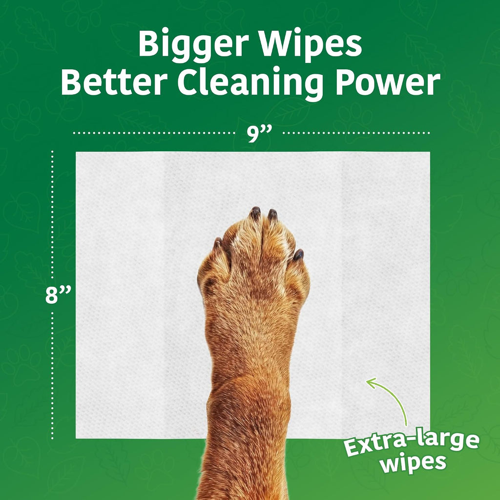 Extra large eight by nine inch plant based cat and dog deodorizing wipes.