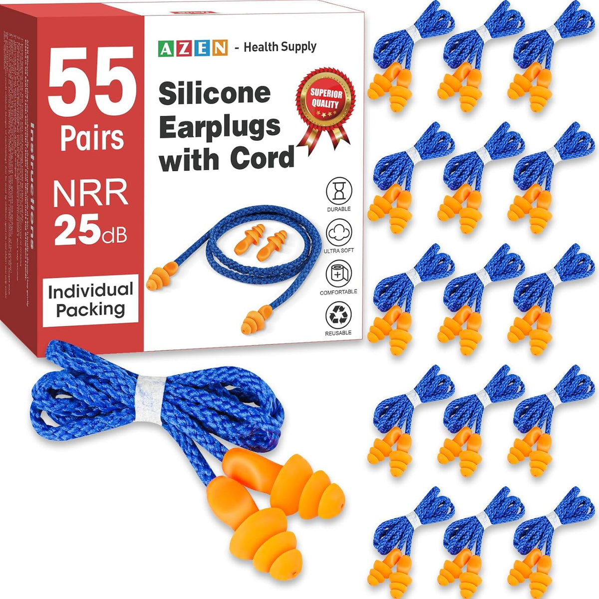 AZEN 55 pairs silicone ear plugs front view showing individual packaging