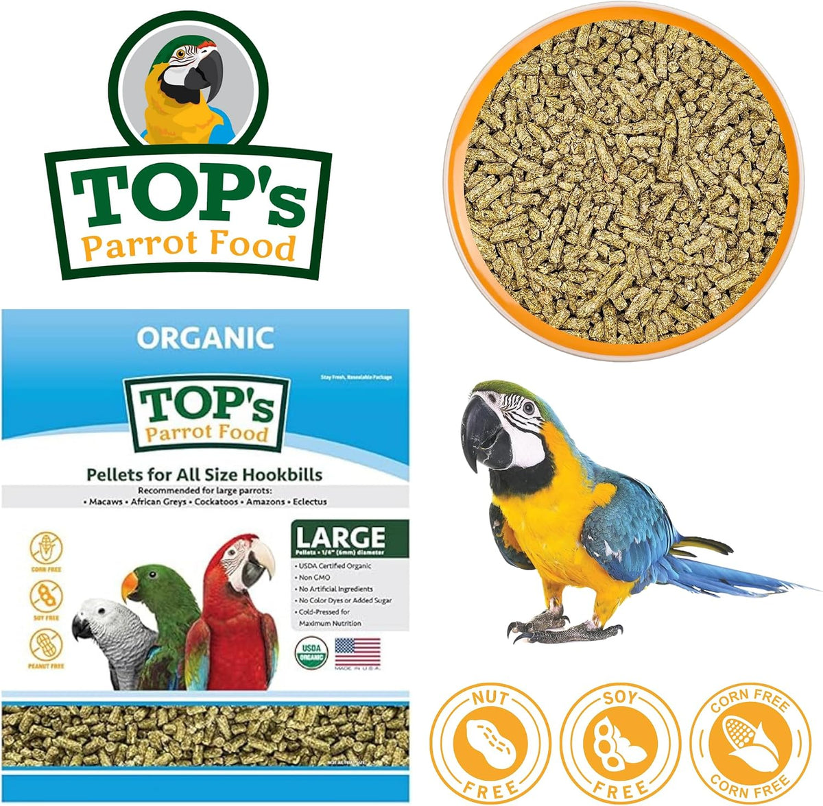 Close up of TOP's non-GMO organic bird food pellets.