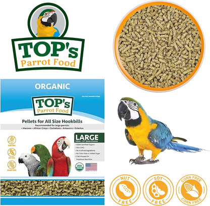 Close up of TOP's USDA organic non-GMO parrot pellets