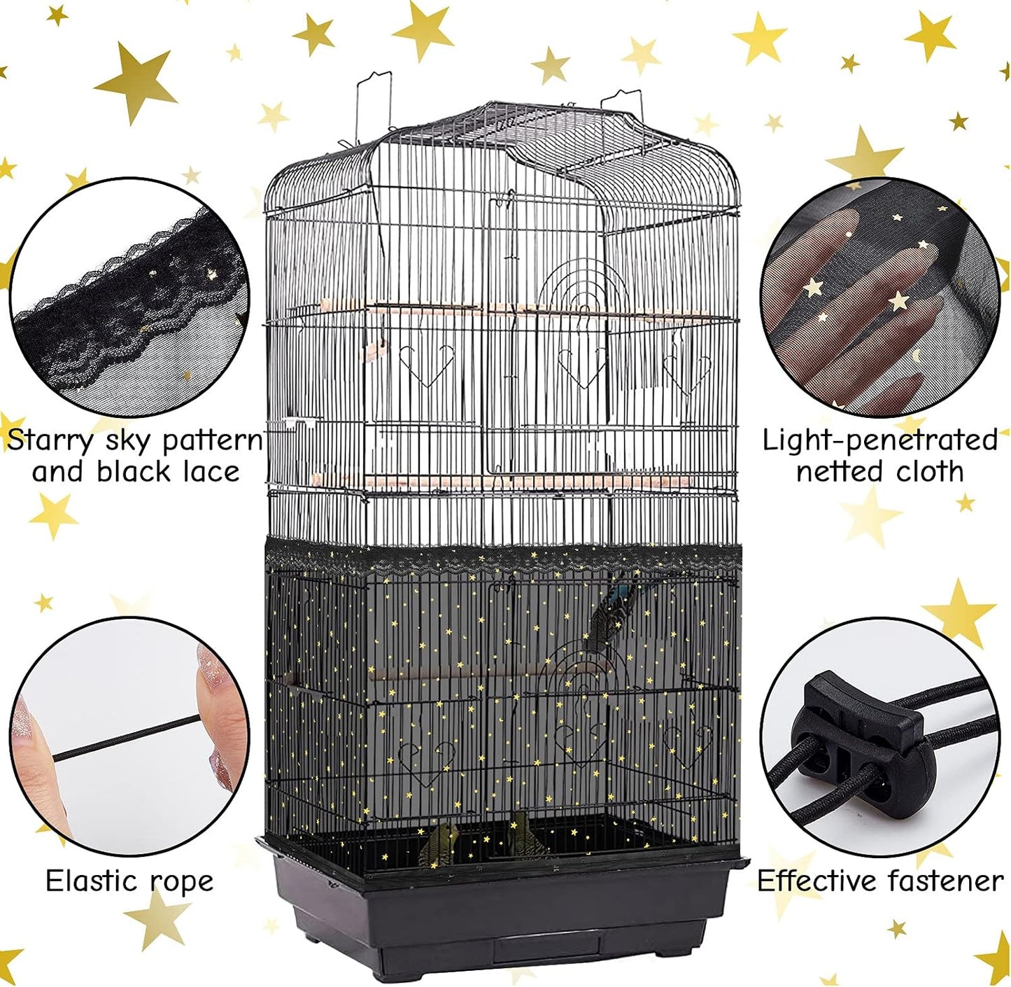 Universal bird cage guard skirt installed on a round parakeet cage showing secure fit.