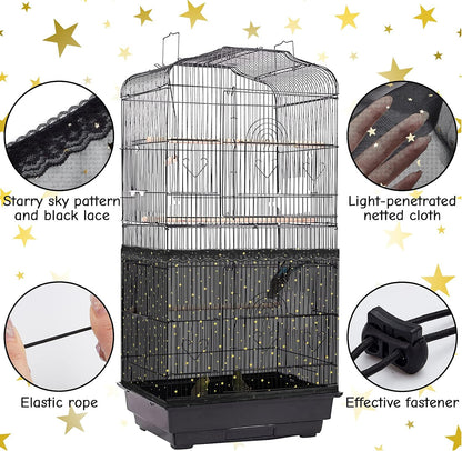 Universal bird cage guard skirt installed on a round parakeet cage showing secure fit.