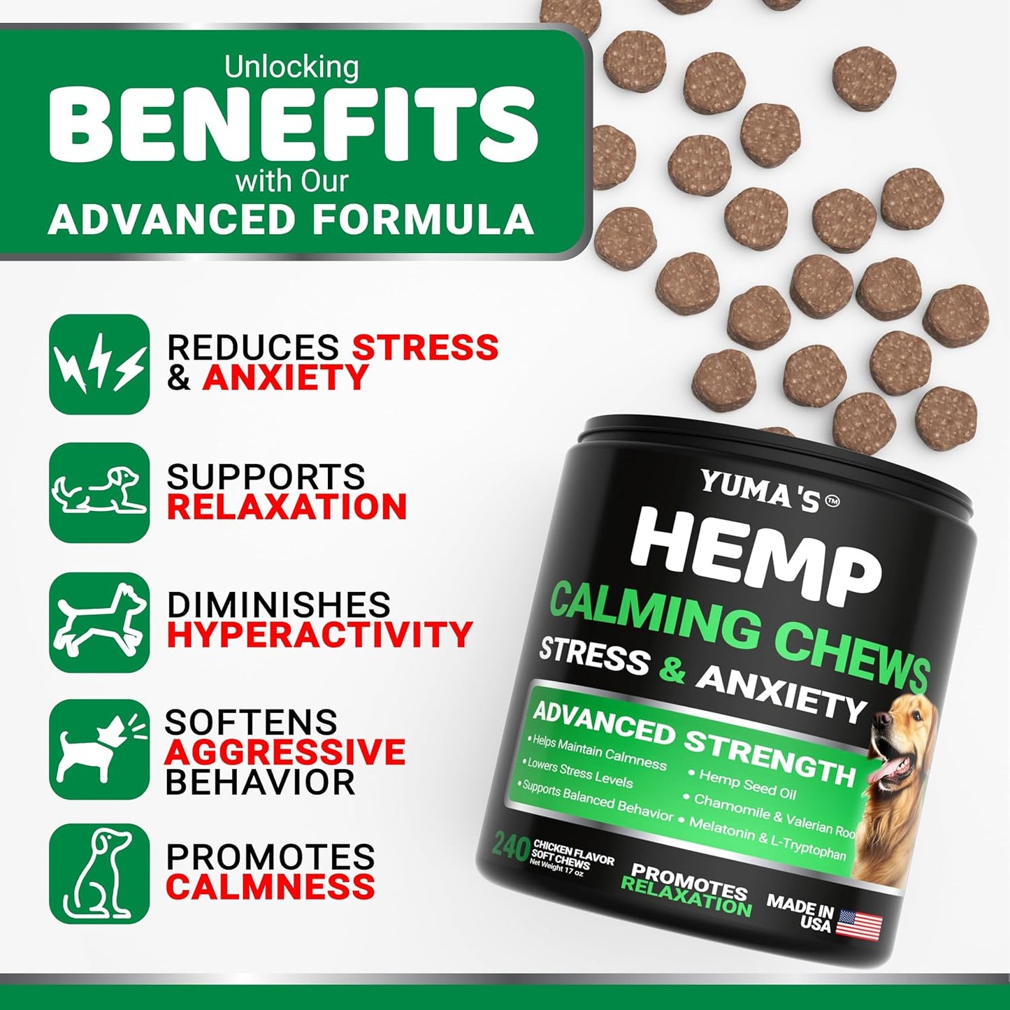 Premium USA imported dog stress relief chews packaging close up