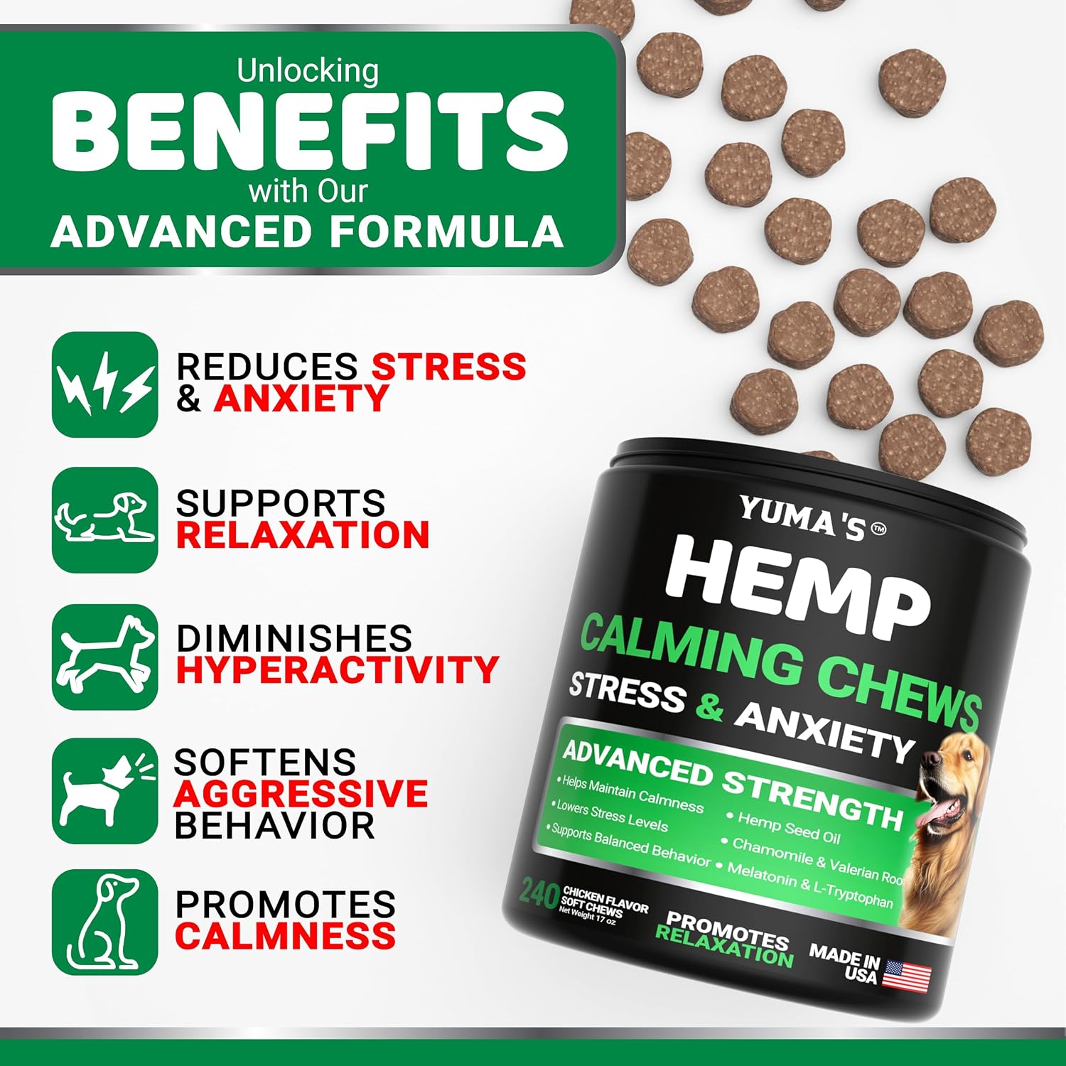 Premium USA imported dog stress relief chews packaging close up