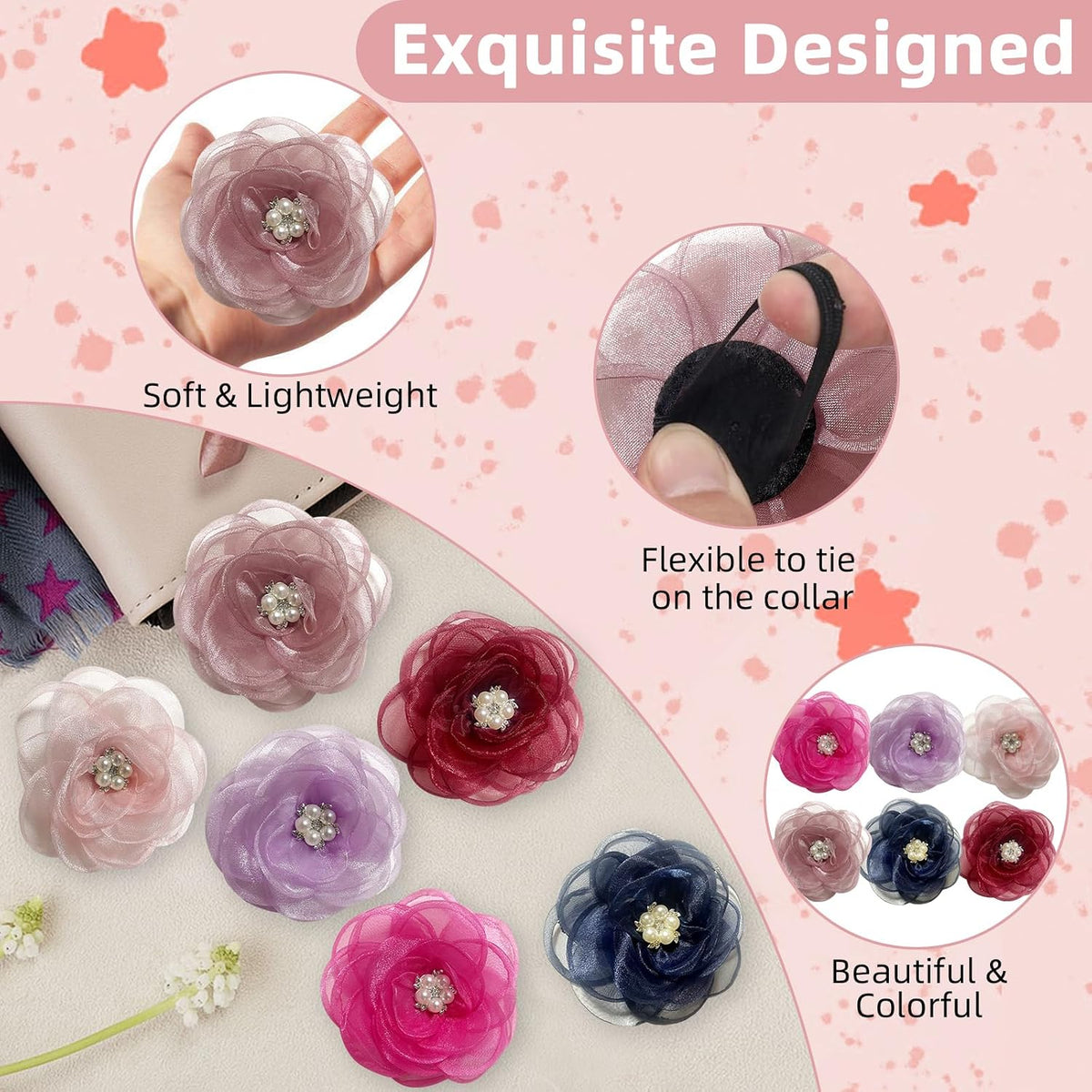 UBQUBQ pearl flower accessory attached securely to a standard pet collar styling setup