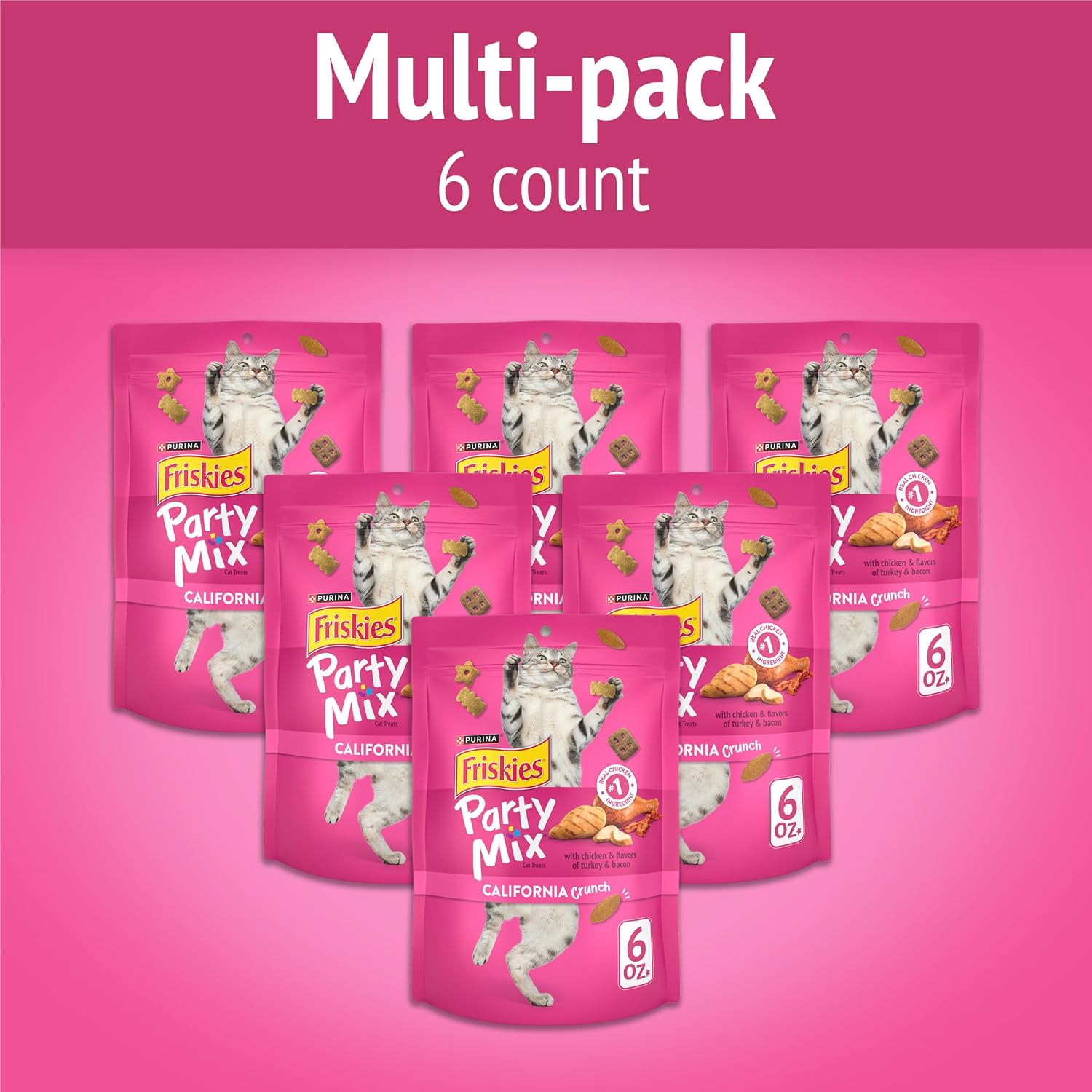 Friskies Party Mix California Crunch pack of six six ounce resealable pouches