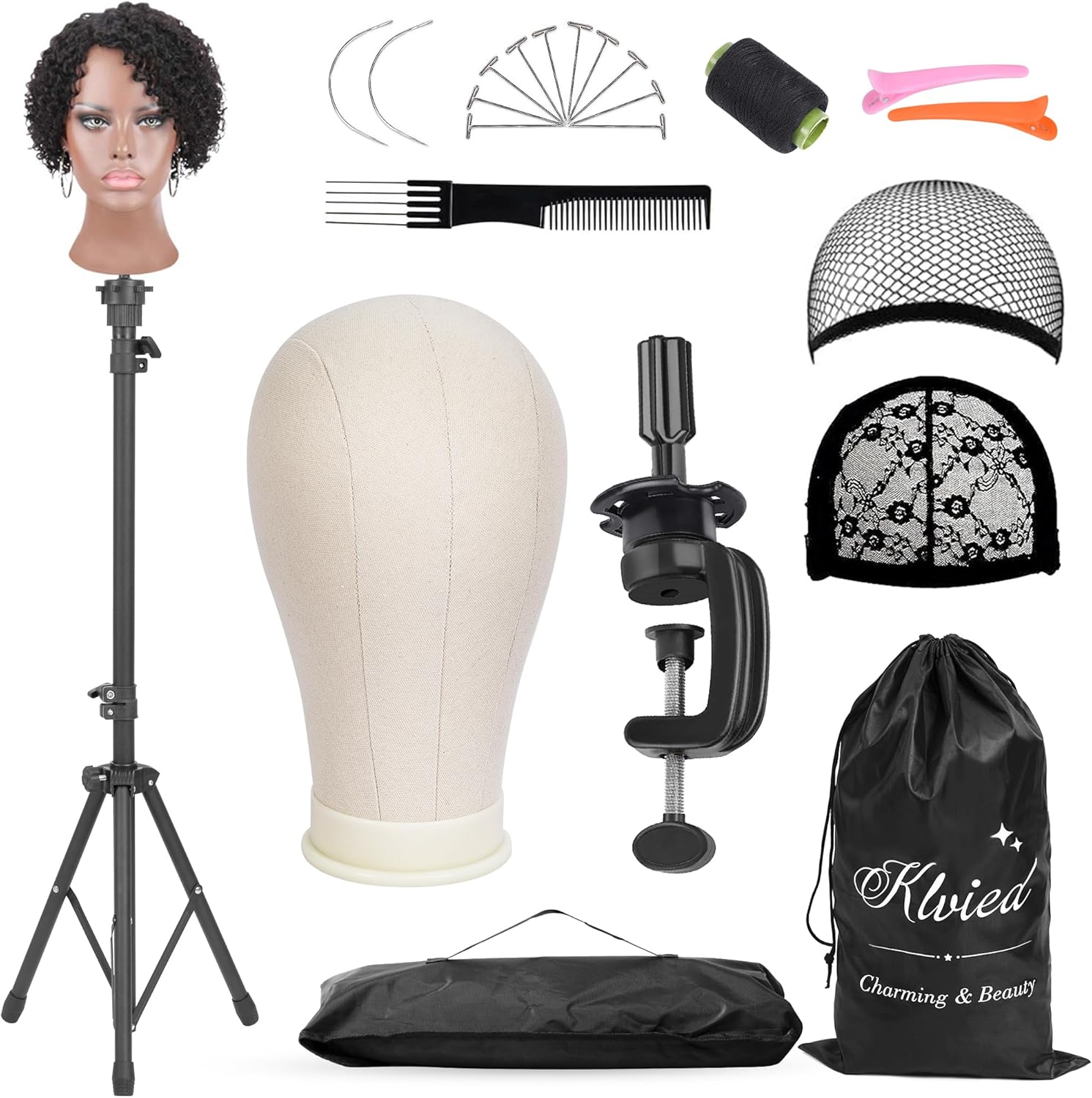 Klvied Reinforced Wig Mannequin Stand with Head front view of the complete styling kit