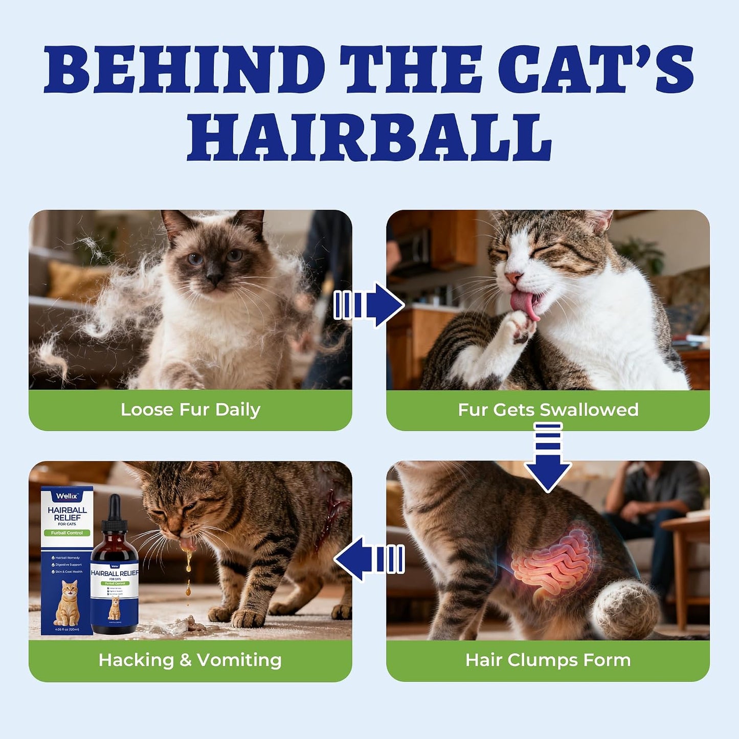 Furball control supplement for cats with psyllium husk and omega three ingredients