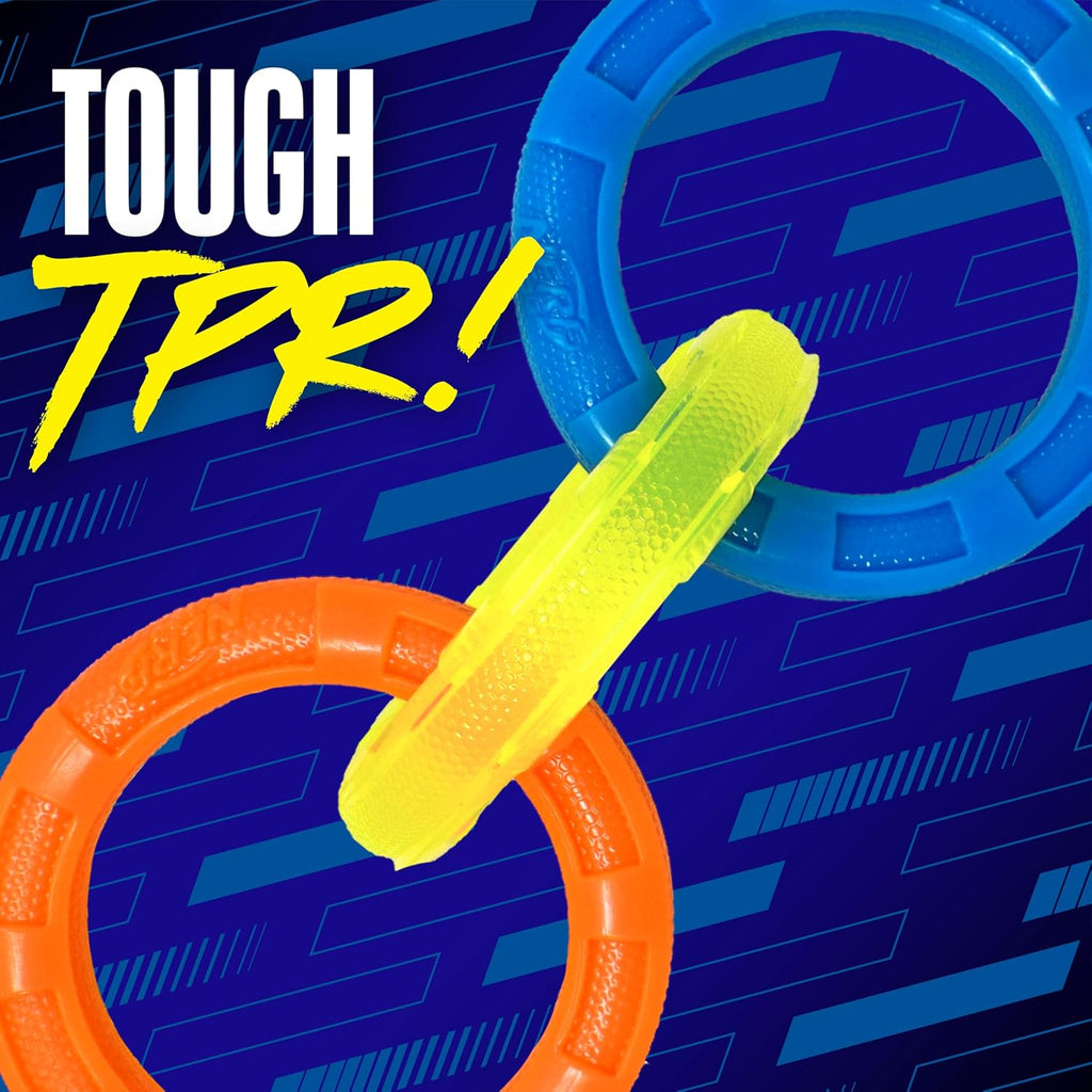 Nerf Dog interlocking three ring toy in blue green and orange