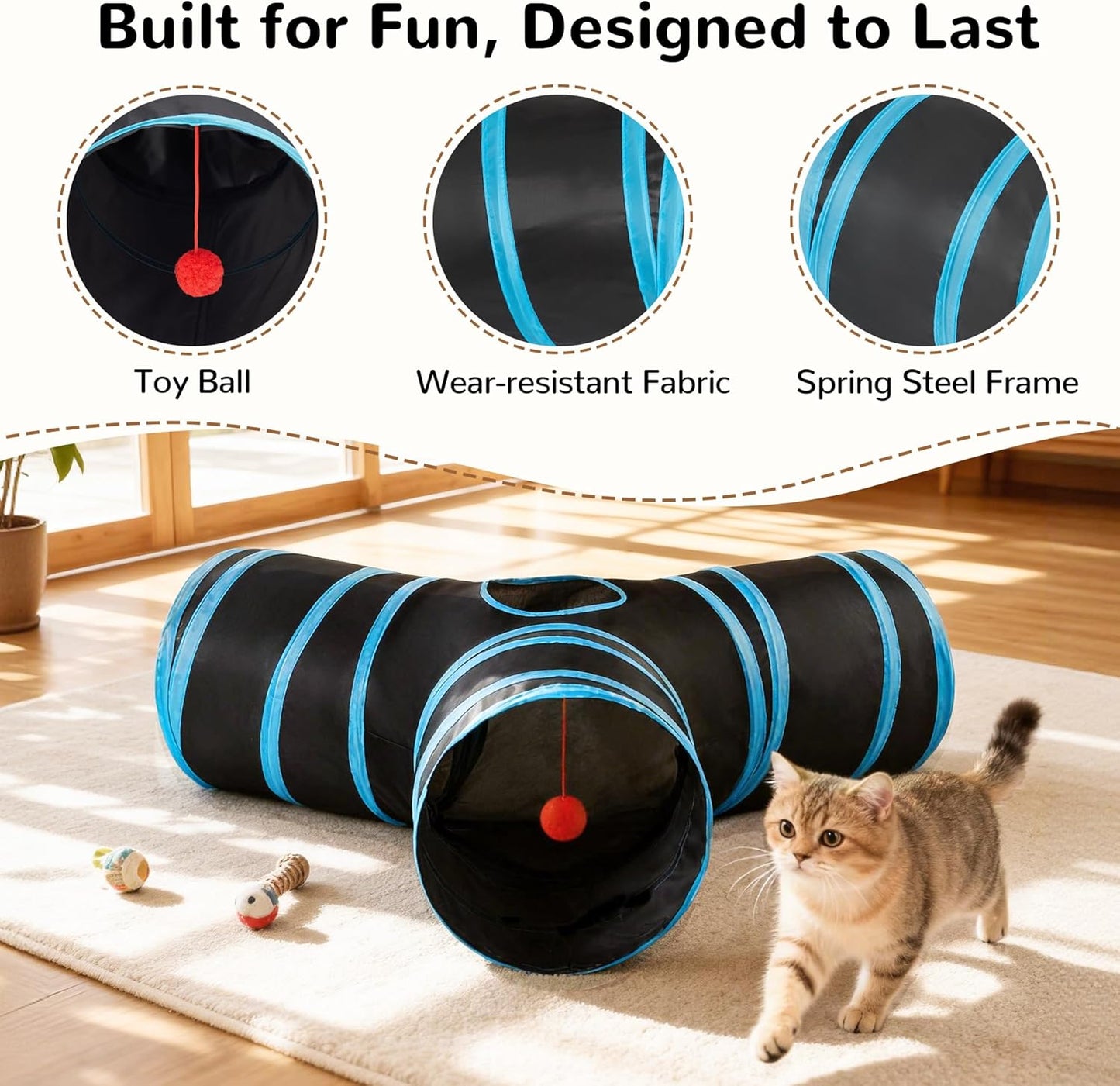 Kitten playing inside the Tempcore collapsible tunnel with hanging bell ball.