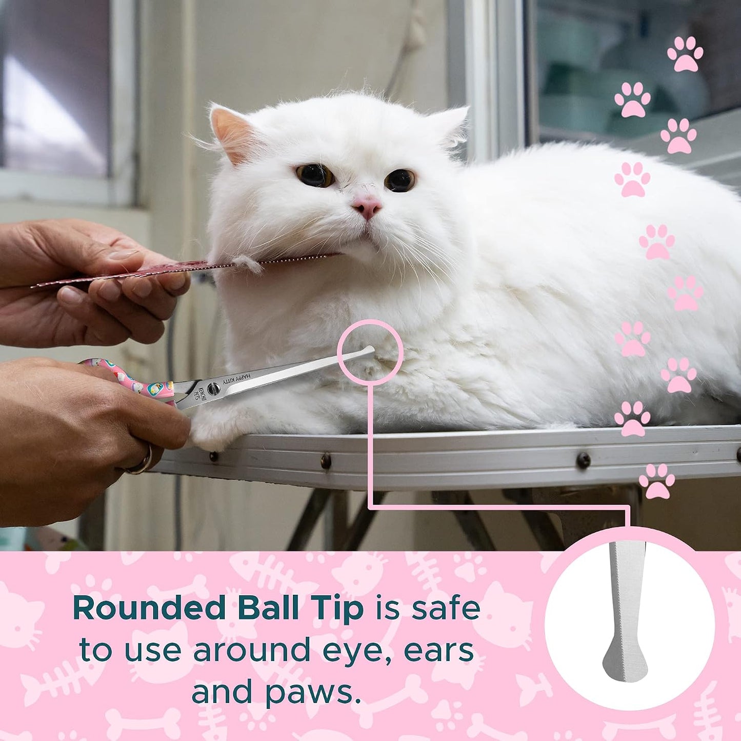 Close up of Kenchii pet shears showing heart-shaped safety tips