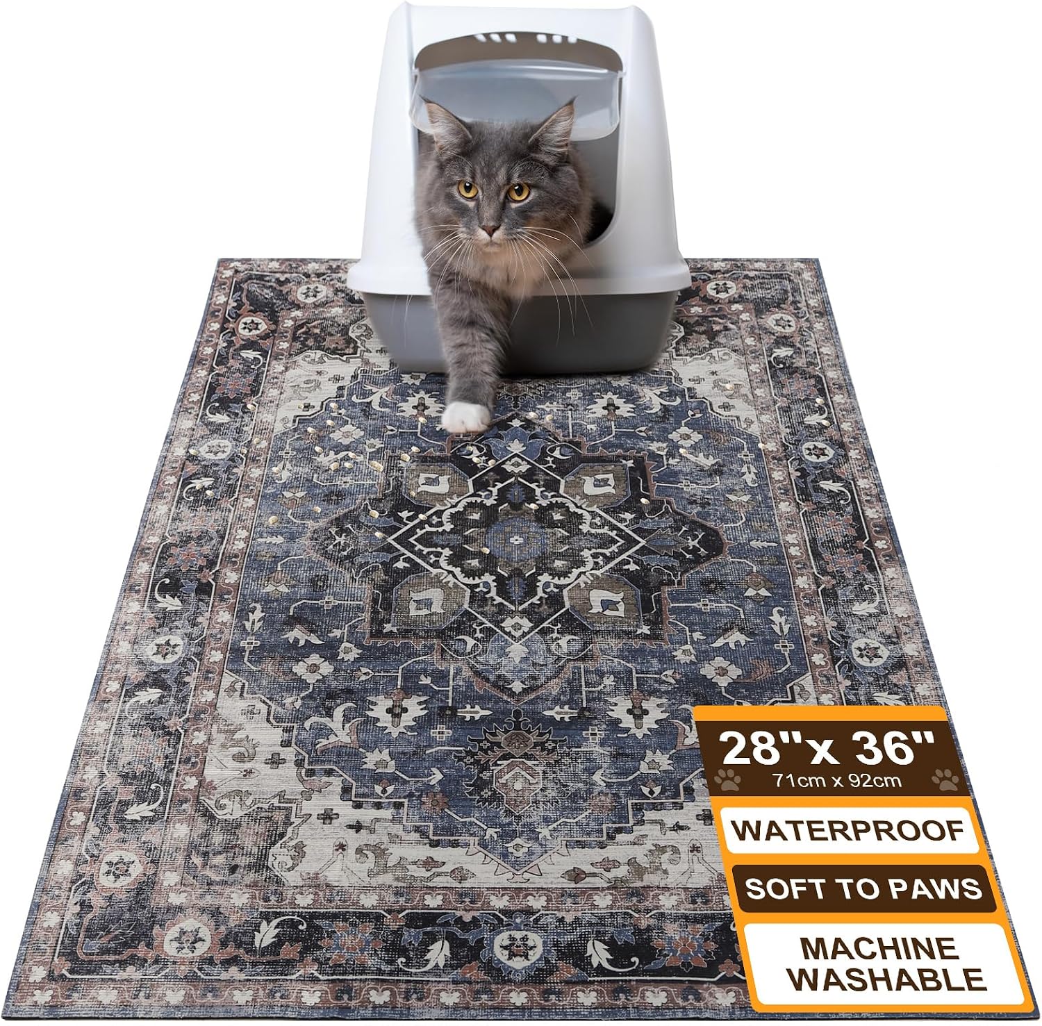 BEAUTYZOO Cat Litter Mat large grey front view showing vintage pattern