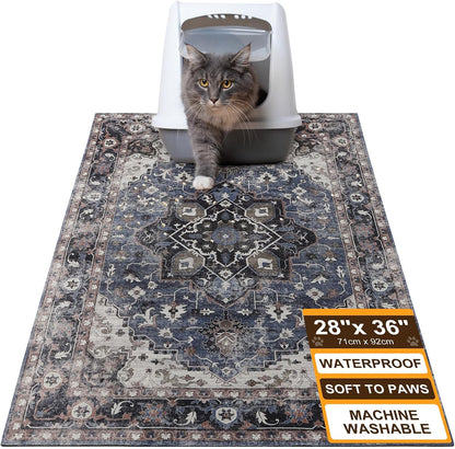 BEAUTYZOO Cat Litter Mat large grey front view showing vintage pattern