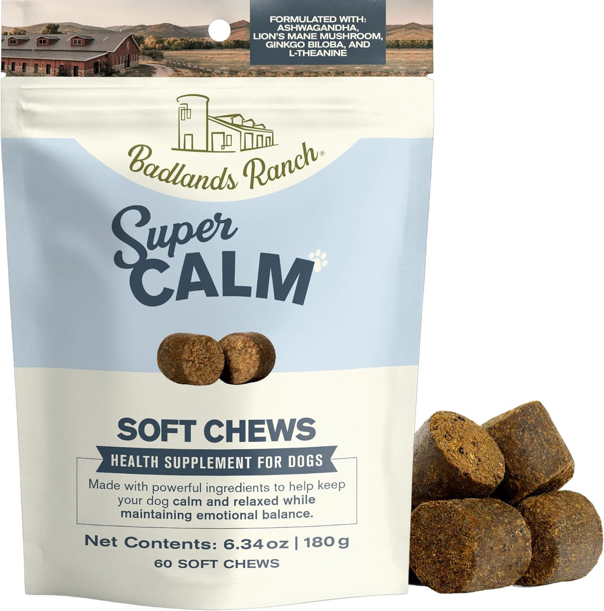Badlands Ranch Super Calm Soft Chews for Dogs front view premium pet anxiety supplement